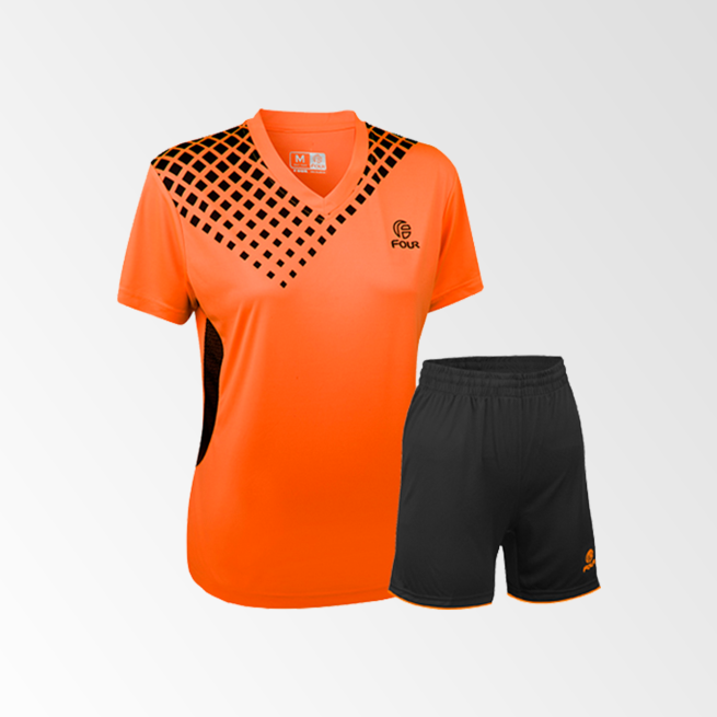 Camiseta de Futbol Mujer y Short Modelo Verona Naranjo-Ne??n Negro
