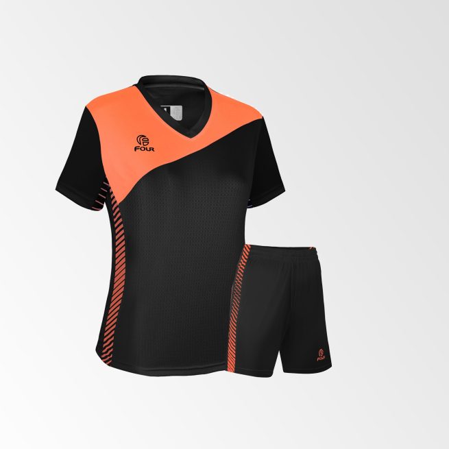 Camiseta de Futbol Mujer y Short Modelo Olympique Negro-Naranjo